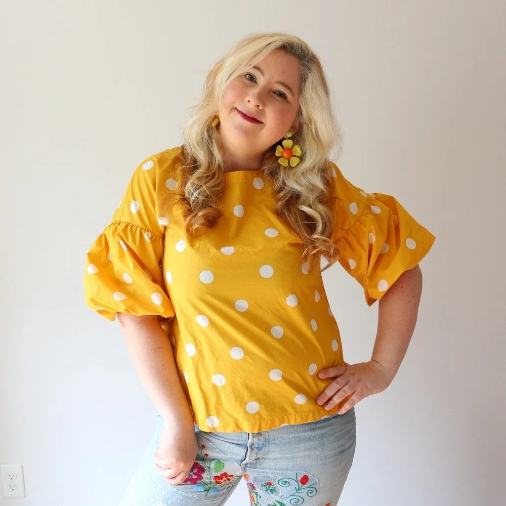 LOFT Polka Dot Blouse Yellow Puff Sleeve Retro Cotton Top Dopamine Mod Sunny M